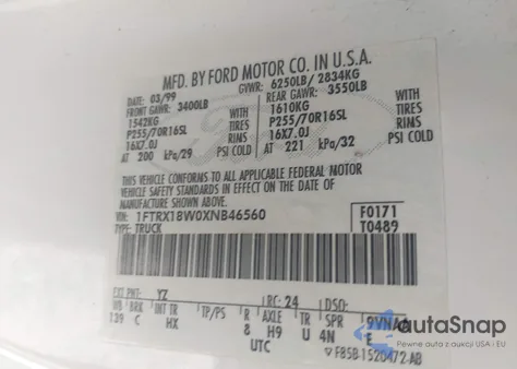 1999 Ford F150 z USA, uszkodzony, nr VIN 1FTRX18W0XNB46560